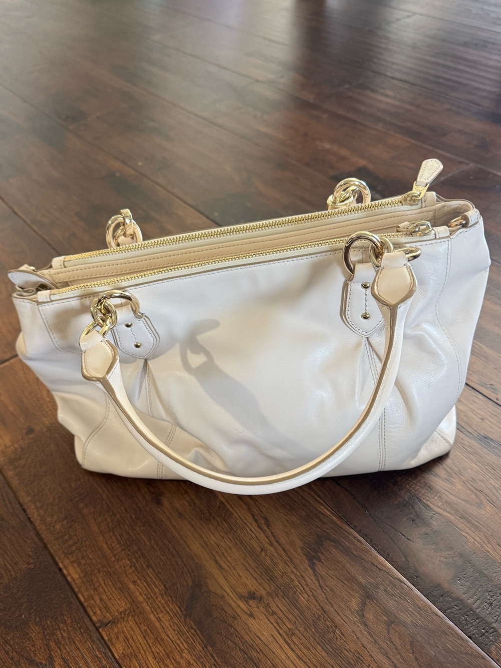 Coach Leather Satchel Bag in Light Cream and Gold Accents - Picture 14 of 16